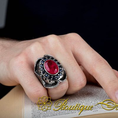 Hand Engraved Ruby Men Ring - Image 5