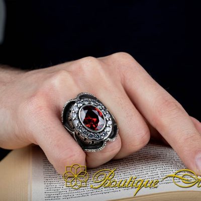 Hand Engraved Garnet Men Ring - Image 5