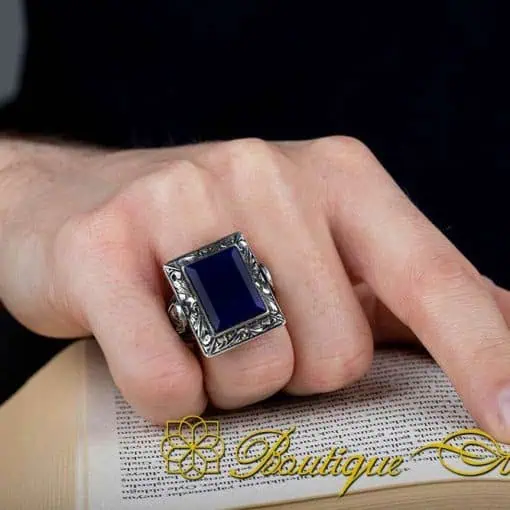 Blue Amber Rectangle Handcraft Ring - Image 5