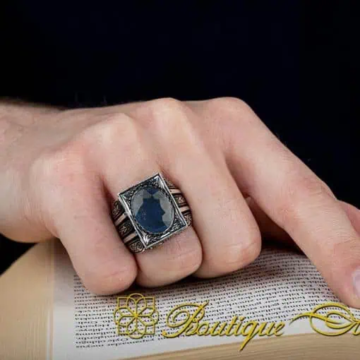 Blue Sapphire Rectangle Hand Engraved Men Ring - Image 5