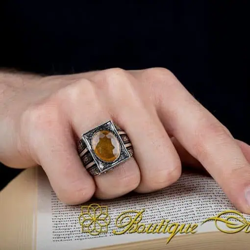 Yellow Sapphire Rectangle Hand Engraved Men Ring - Image 5