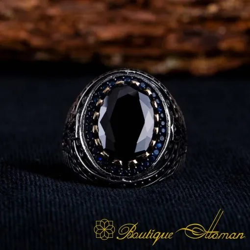 Black Zircon Oval Ornamented Silver Ring No:9 - Image 3