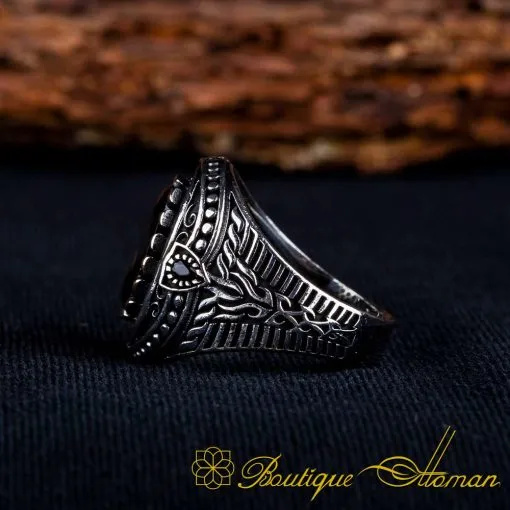 Black Zircon Oval Ornamented Silver Ring No:9 - Image 4