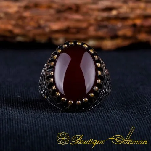 Red Aqeeq Oval Ornamented Silver Ring No:1 - Image 3