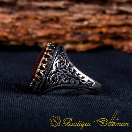 Red Aqeeq Oval Ornamented Silver Ring No:1 - Image 4