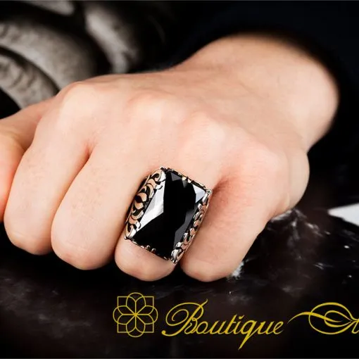 Alternative view of Black Zircon Rectangle Ornamented Silver Ring No:7