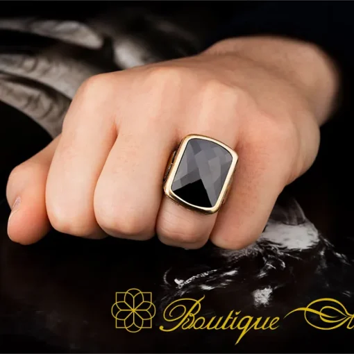 Black Zircon Rectangle Ornamented Silver Ring No:8 - Image 2