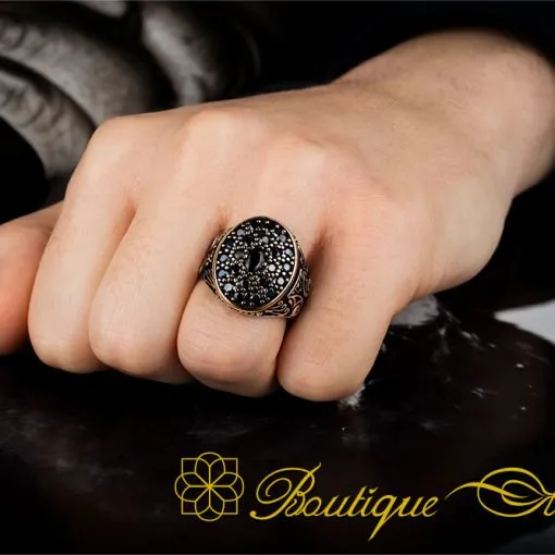 Alternative view of Black Zircon Pieces Oval Silver Ring