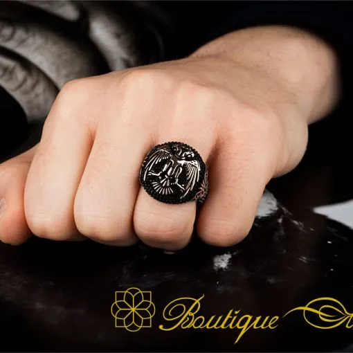 Stoneless Double Headed Eagle Oval Silver Ring - Image 2