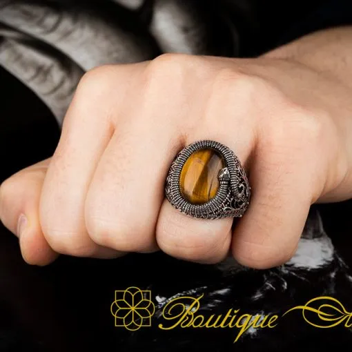 Alternative view of Brown Tiger's Eye Zircon Detailed Ring With Snake Figure