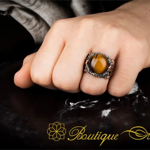 Brown Tiger's Eye Round Zircon Detailed Ring - Image 2
