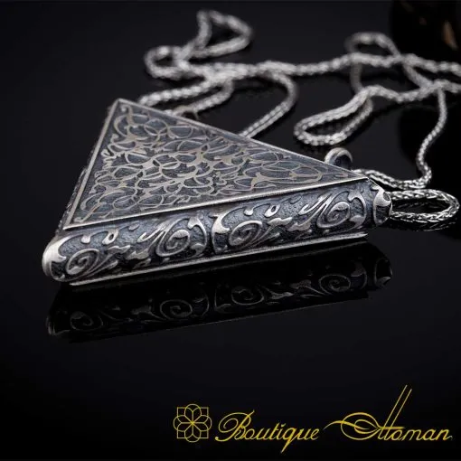 Engraved Triangle Silver Taweez Locket Necklace - Image 4