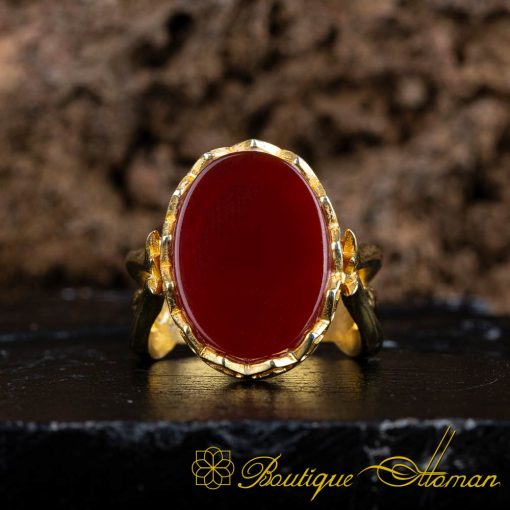 Red Aqeeq Hand Made Women Ring (Gold Plated) - Image 3