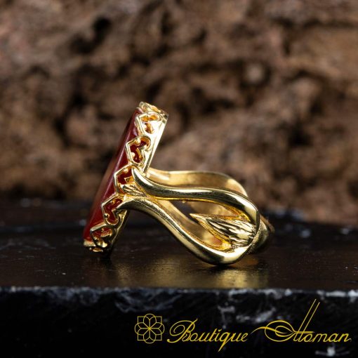 Red Aqeeq Hand Made Women Ring (Gold Plated) - Image 4