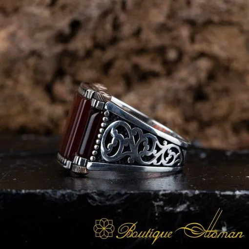 Red Aqeeq Rectangle Cut Silver Ring - Image 4