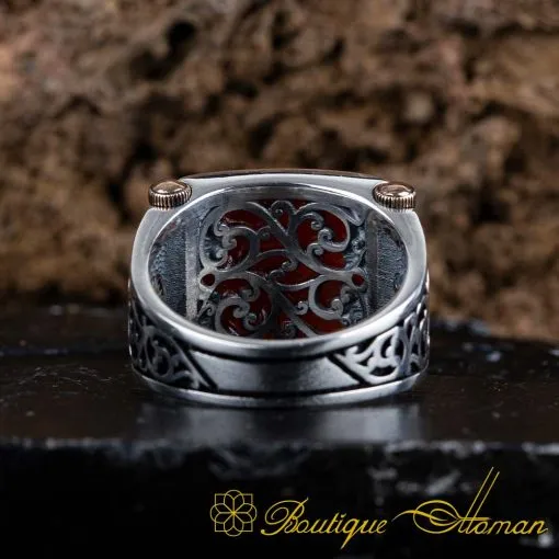 Red Aqeeq Rectangle Cut Silver Ring - Image 5