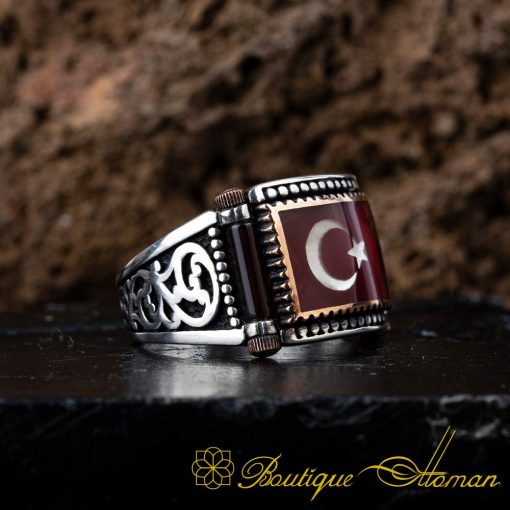 Crescent Star Red Mina Rectangle Cut Silver Ring No:1 - Image 3