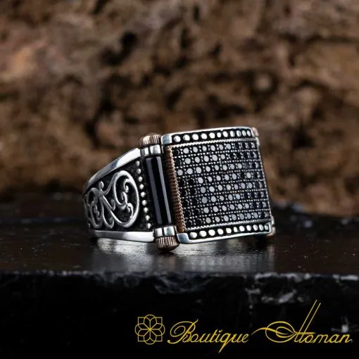 Black Zircon Pieces Rectangle Cut Silver Ring - Image 4