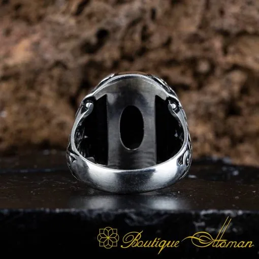 Black Zircon Oval Ornamented Silver Ring No:1 - Image 5
