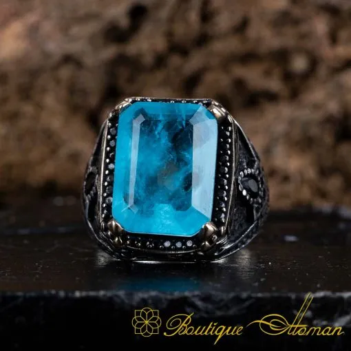 Blue Quartz Rectangle Ornamented Silver Ring - Image 3