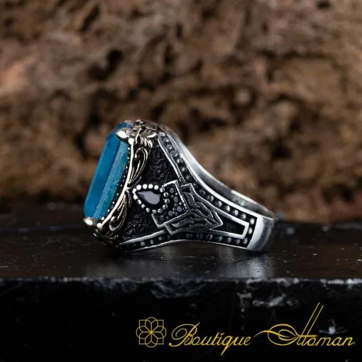 Blue Quartz Rectangle Ornamented Silver Ring - Image 4