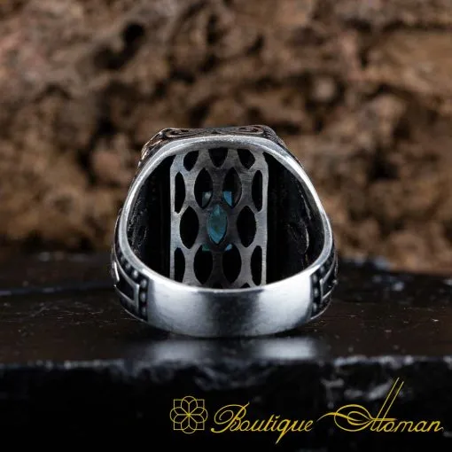 Blue Quartz Rectangle Ornamented Silver Ring - Image 5