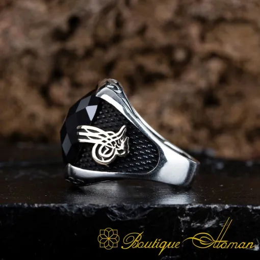 Classy Gentle Black Zircon Men Ring With Tughra - Image 3