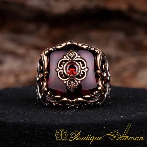 Celebi Collection Red Amber Ornamented Silver Ring - Image 3