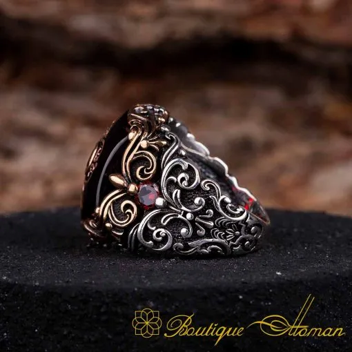 Celebi Collection Red Amber Ornamented Silver Ring - Image 4