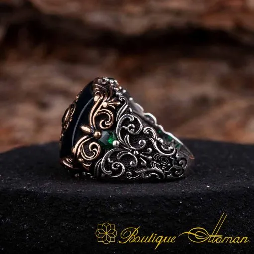 Celebi Collection Green Amber Ornamented Silver Ring - Image 4