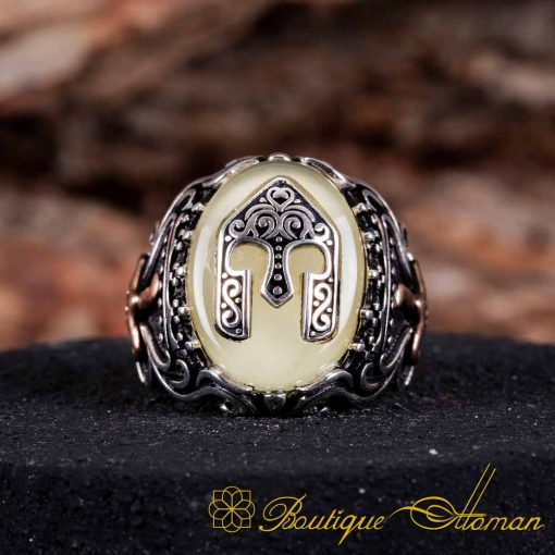 Yellow Amber Silver Ring With Helmet - Image 3