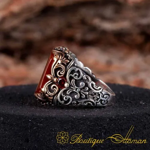 Celebi Collection Red Aqeeq Silver Ring - Image 4