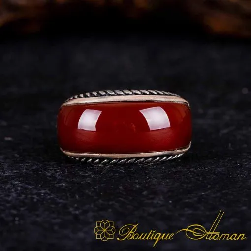 Red Aqeeq Special Curved Silver Ring - Image 3