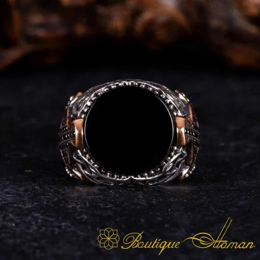 Black Aqeeq Flat Round Zircon Detailed Ring - Image 3