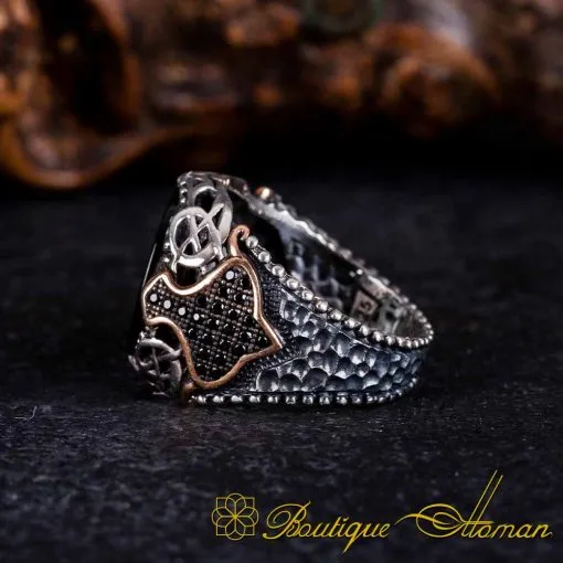Black Aqeeq Flat Round Zircon Detailed Ring - Image 4