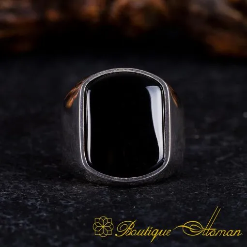Plain Oval Black Aqeeq Modern Silver Ring - Image 3