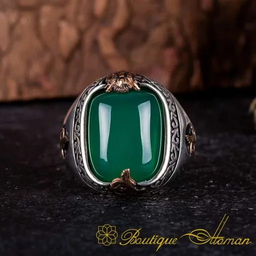 Green Aqeeq Silver Ring With Tughra & Coat of Arms - Image 3