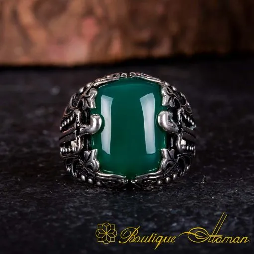 Green Aqeeq Silver Ring With Sword Sides - Image 3