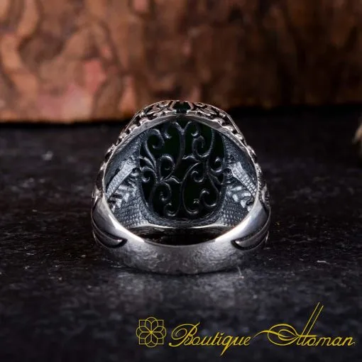 Green Aqeeq Silver Ring With Sword Sides - Image 5