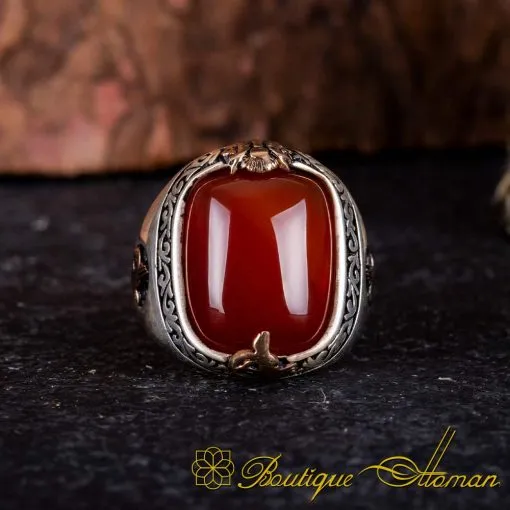 Red Aqeeq Silver Ring With Tughra & Coat of Arms - Image 3
