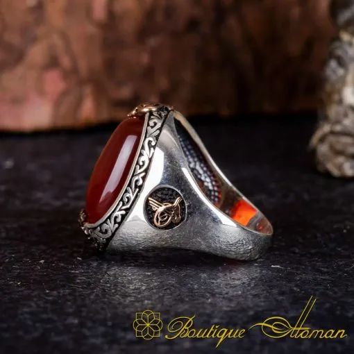 Red Aqeeq Silver Ring With Tughra & Coat of Arms - Image 4