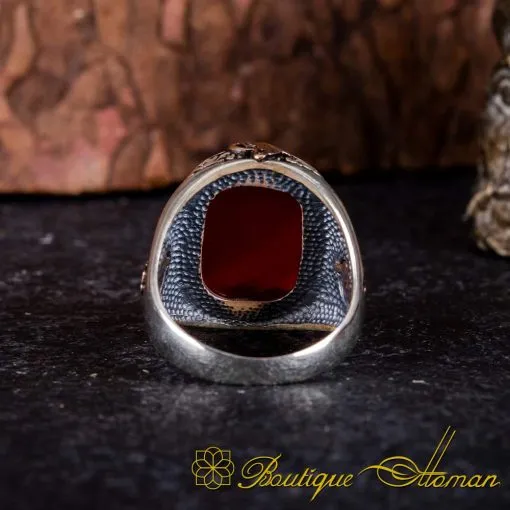 Red Aqeeq Silver Ring With Tughra & Coat of Arms - Image 5
