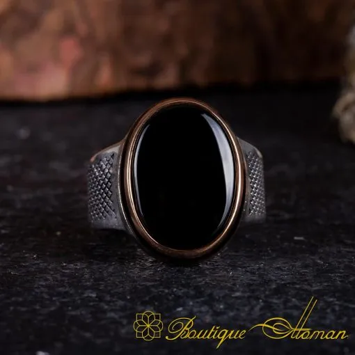 Exclusive Design Oval Black Aqeeq Silver Ring - Image 3