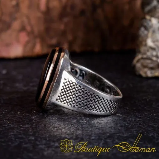 Exclusive Design Oval Black Aqeeq Silver Ring - Image 4
