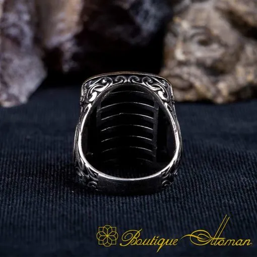 Black Zircon Rectangle Ornamented Silver Ring No:8 - Image 5