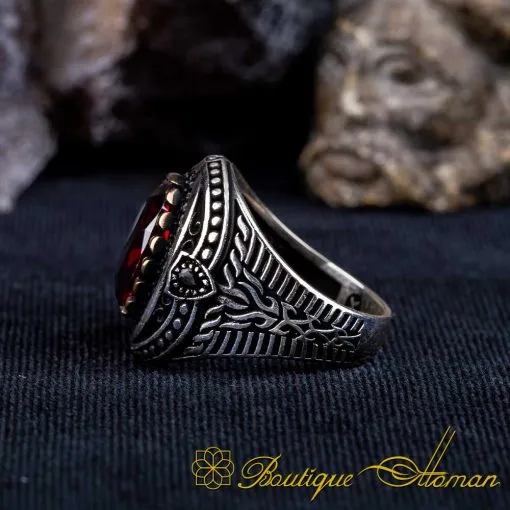 Red Zircon Oval Ornamented Silver Ring No:3 - Image 4