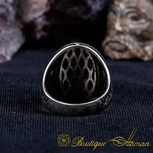 Red Zircon Oval Ornamented Silver Ring No:3 - Image 5