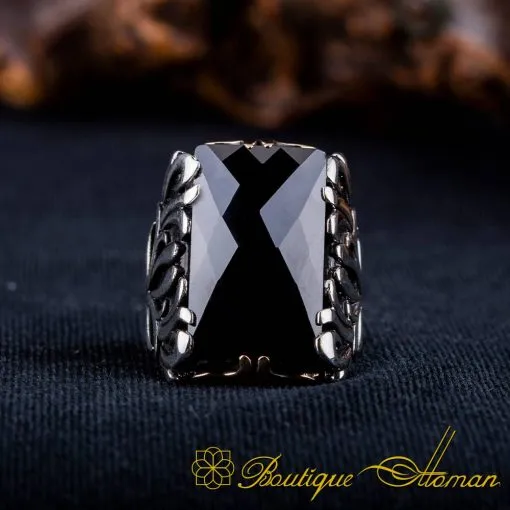 Black Zircon Rectangle Ornamented Silver Ring No:7 - Image 3