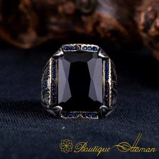 Blue Zircon Rectangle Ornamented Silver Ring No:1 - Image 3