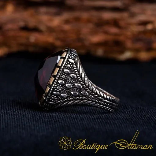 Red Zircon Oval Ornamented Silver Ring No:6 - Image 4